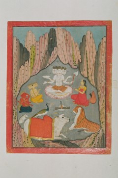 Shiva (as Sadashiva in Padmasana) with his family in Pahari Style