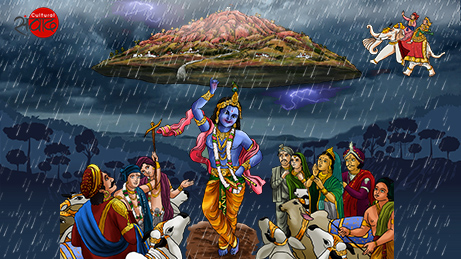 Krishna lifting the Govardhan