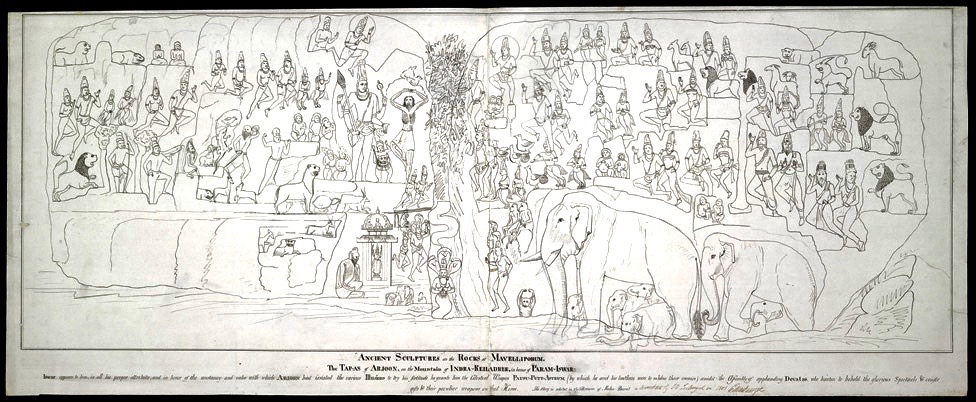 19th Century Sketch of the Mamallapuram Bas Relief - Arjuna's Penance or Descent of Ganga
