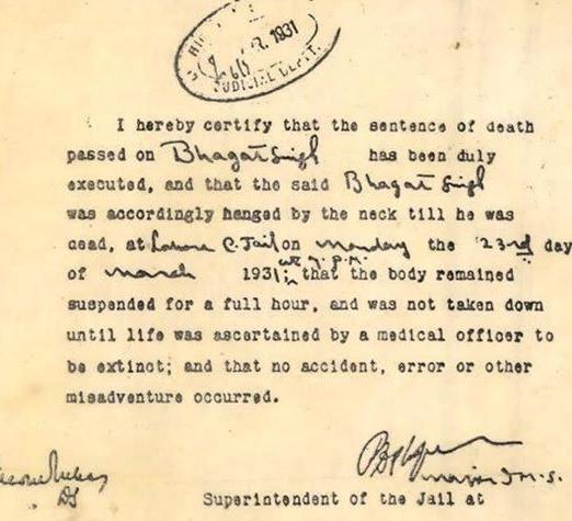 Execution Certificate Bhagat Singh