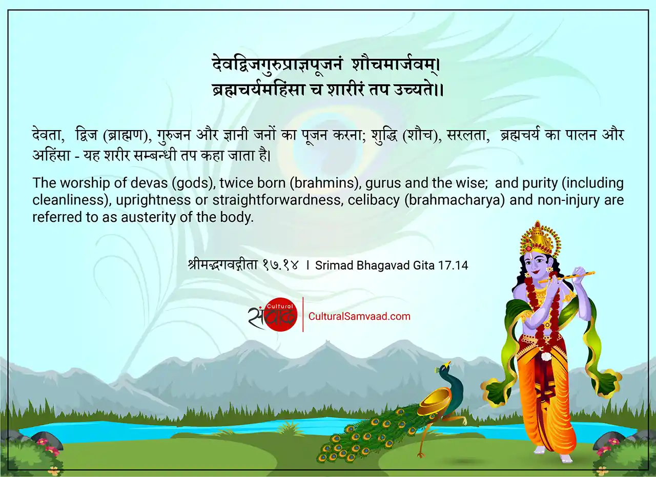 Srimad Bhagavad Gita 17.14 - देवद्विजगुरुप्राज्ञपूजनं शौचमार्जवम्।