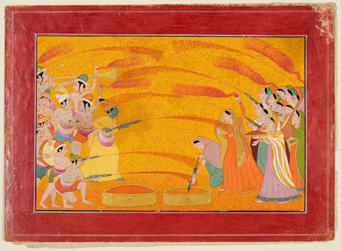 Krishna and Radha Playing Holi - Pahari Painting