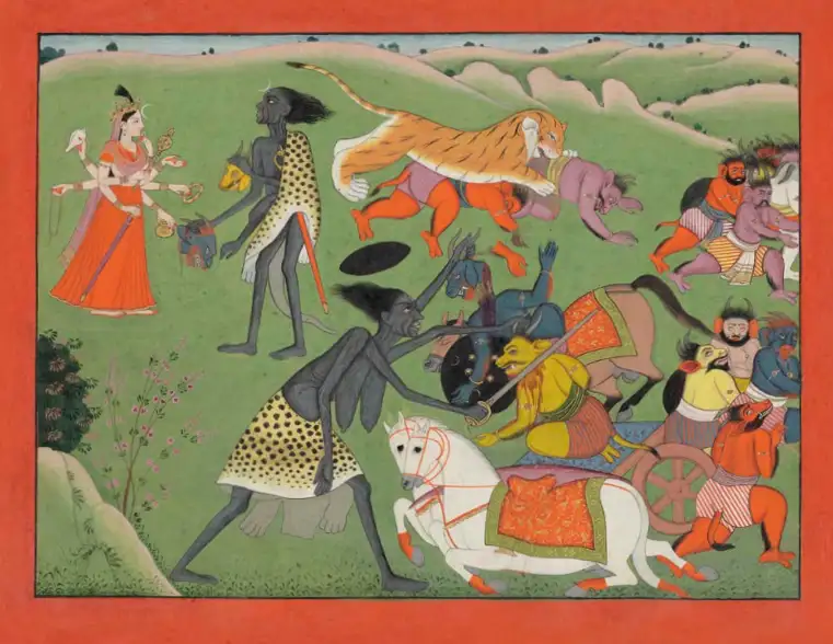 Chamunda presents the heads of Chanda and Munda to Ambika