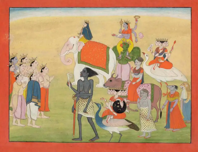 Devatas pray to Devi Durga, Kali and the Matrikas