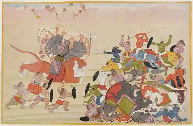 Durga Devi defeats Mahishasura's Army - Mahishasuramardani Painting