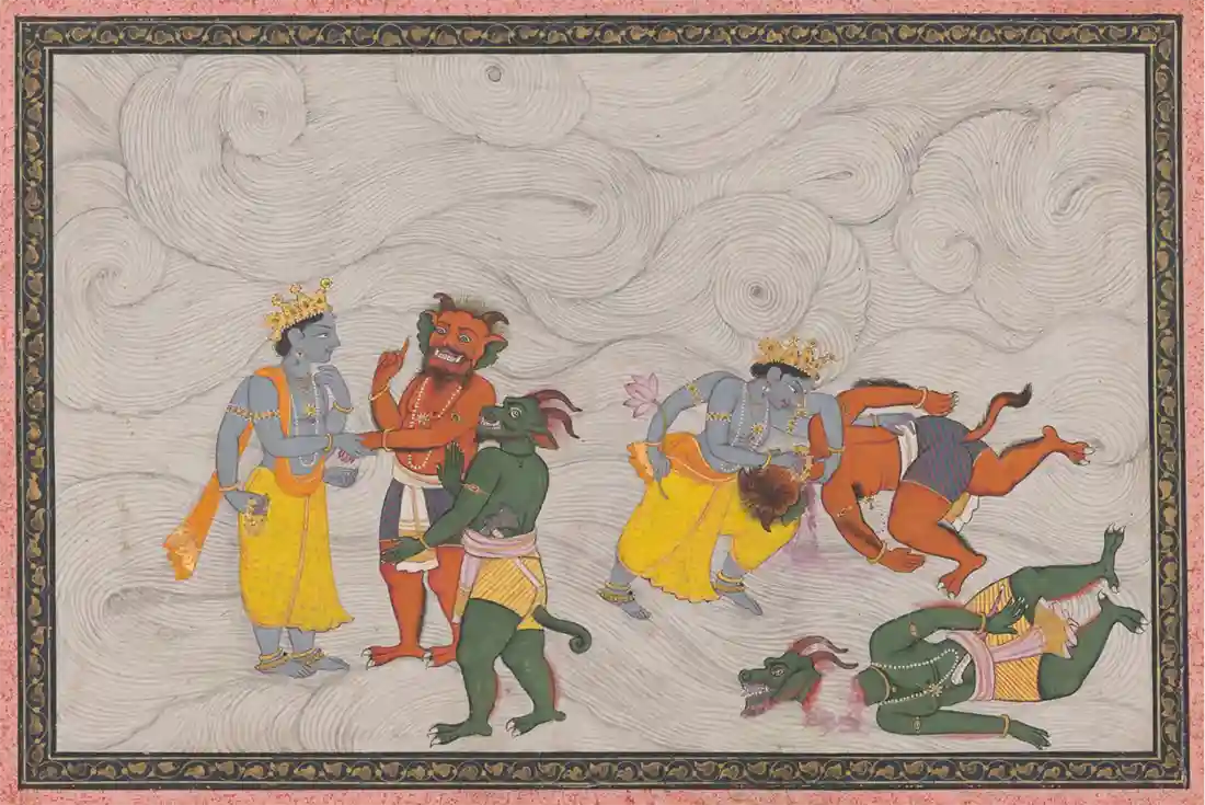 Vishnu slays the demons Madhu and Kaitabha to become Madhusudana